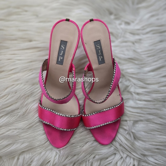 SJP by Sarah Jessica Parker Blossom Rhinestone Heel Sandals Pink Satin - Picture 3 of 10